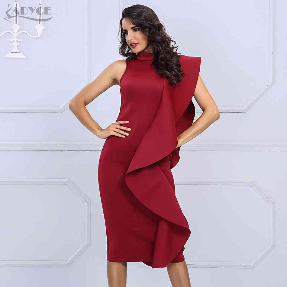 Summer Women Celebrity Runway Party Dress Sexy Wine Red Sleeveless Patchwork Ruffles Midi Bodycon Club 210423