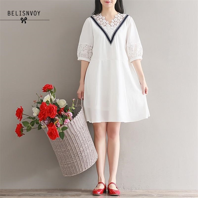 Japanese Mori Girl Summer Women White Dress V Neck Hollow Out Lace Patchwork A-line Half Sleeve Elegant Sweet es 210520
Japanese Mori Girl Summer Women White Dress V Neck Hollow Out Lace Patchwork A-line Half Sleeve Elegant Sweet es 210520