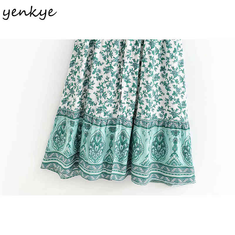 YENKYE Floral Print Holiday Sexy Sling Dress Women V Neck Sleeveless A-line Casual Long Dress Female Summer Boho Beach Robe 210515