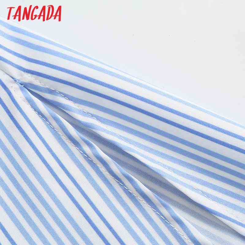 Fashion Women Blue Striped Print Shirt Long Sleeve Ladies Oversized Midi Dress 5Z97 210416