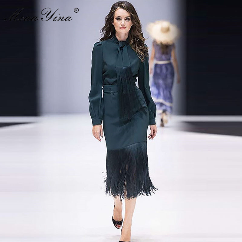Fashion Career Office Two-piece suit Spring Women Bow colla Elegant Shirt Tops+Sexy Package buttocks Tassel skirt Set 210524
