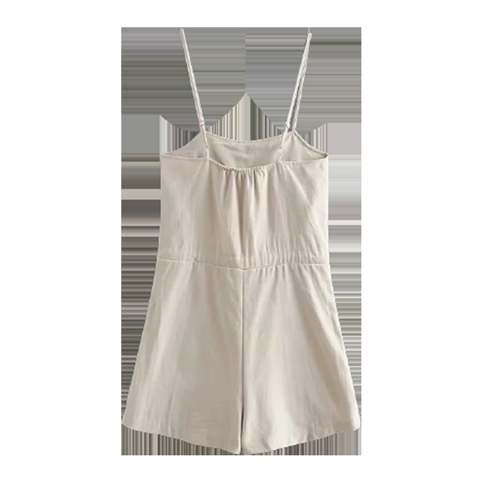 BBWM Safari Style Spaghetti Strap Jumpsuit Women Open Button Lacing up Bow Waist Short Pants Romper Cotton Linen Playsuits 210520
