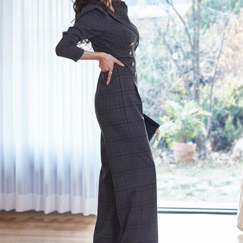 Women's Spring Women Elegant Office OL Notched Long Sleeve Lady Jumpsuits Casual High Waist Plaid Rompers 210519