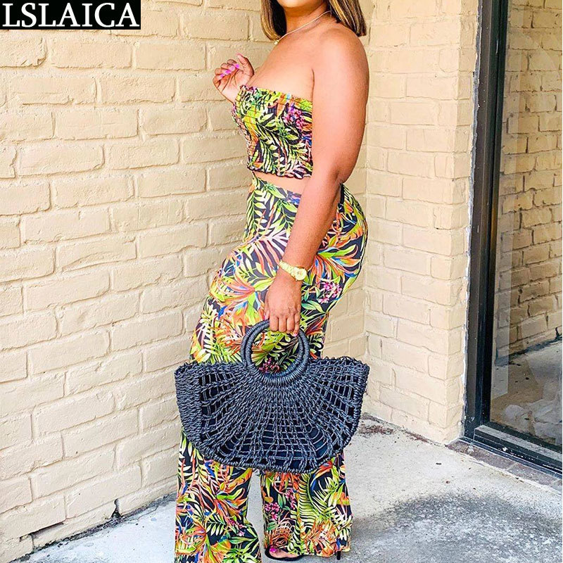 Summer Women's Sets Boho Print Cropped Tops Wide Leg Pants High Waist Slim Casual Holidays Matching Clothes For Women 210520