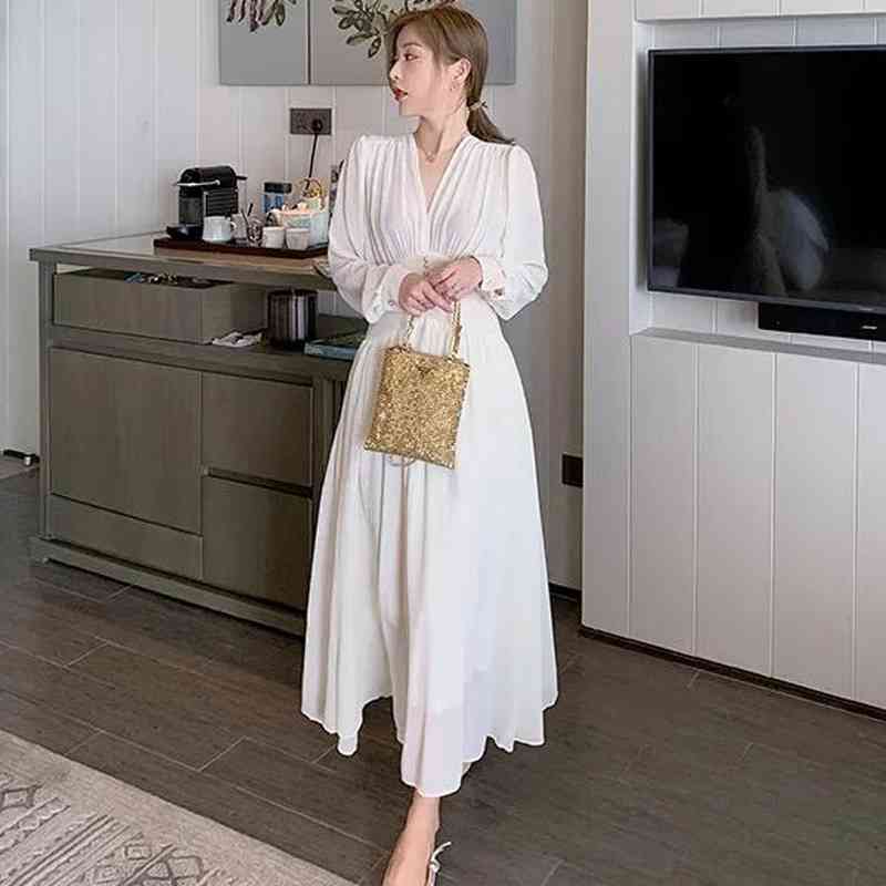 Office Lady V-neck Loose Midi Dresses Elegant Sexy Women White Long Sleeve Party Autumn Clothing Female 12097 210506