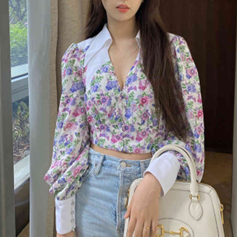 VGH Elegant Print Floral Shirt For Women Lapel Lantern Sleeve Hit Color Short Blouse Female Fashion New Clothing Spring 210421