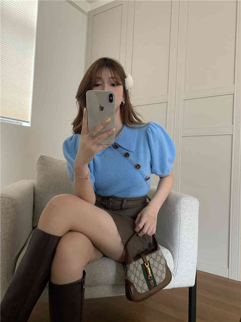 Spring Autumn korean style Button knit Puff short sleeve t-shirts womens tee shirt femme women Cropped tops (R99423) 210423