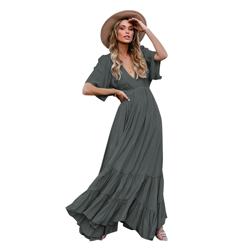 Women Dress V Neck Short Sleeve Bohemian es Ruffles Large Hem Maxi High Waist Loose Plus Size Beach es 210513