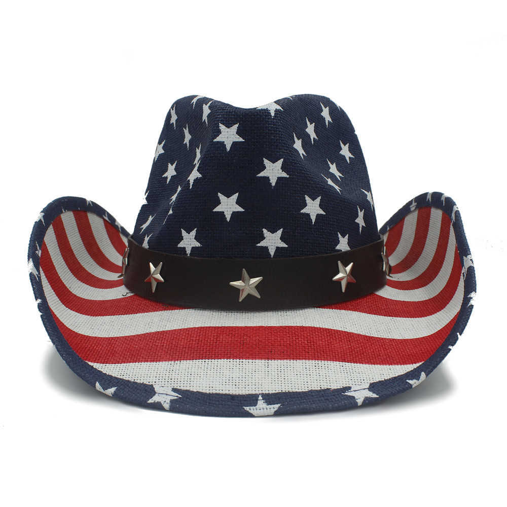 Summer Usa Flag Straw Cowboy Hats for Men and Women Western Sombrero Hombre Cowboy Caps with American Flag Sombreros De Mujer Q0805