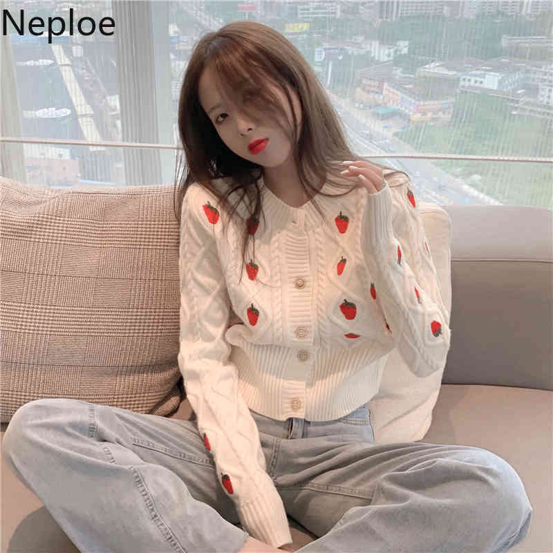 Neploe Sweater for Women Strawberry Crochet Floral Knitted Cropped Cardigan Fashion Korean Sueter Coat Fall Clothes Pull Femme 210422