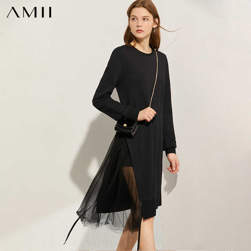 Minimalism Autumn Fashion Solid Spliced Lace Women Hoodies Causal Oneck Loose Long Female Pullover Tops 1129 210527