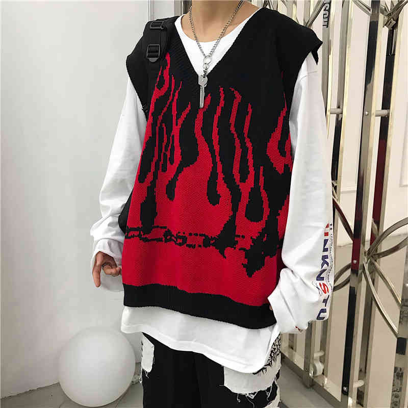 Sleeveless Knitted Sweater Tank Women Vest Vintage Flame Jumper Harajuku Streetwear Casual Woman Man Gilet Korean Fashion 210519