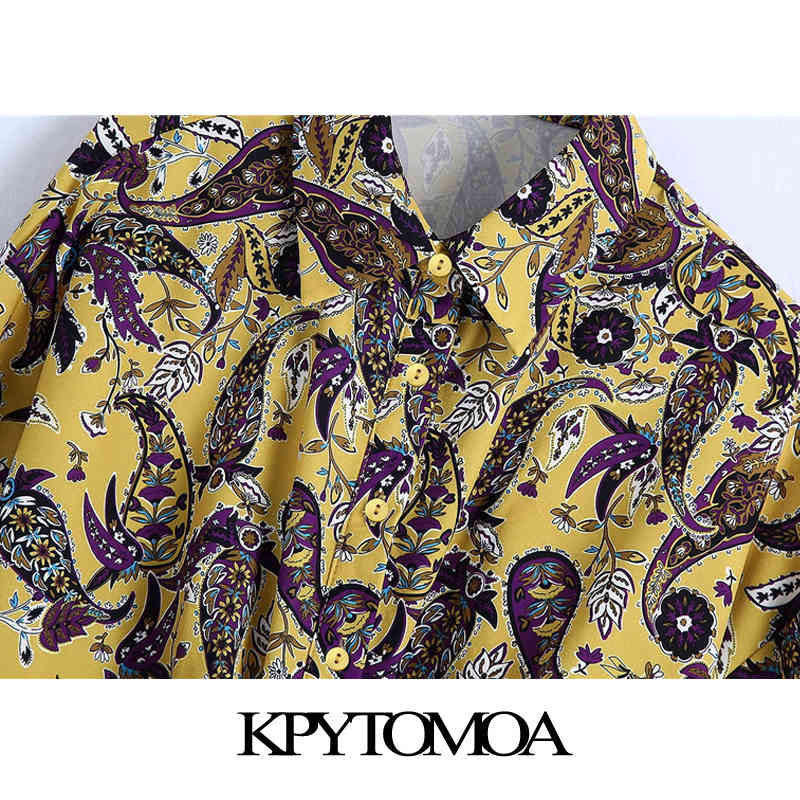 Women Fashion Paisley Print Cropped Knotted Blouses Long Sleeve Button-up Female Shirts Blusas Chic Tops 210420