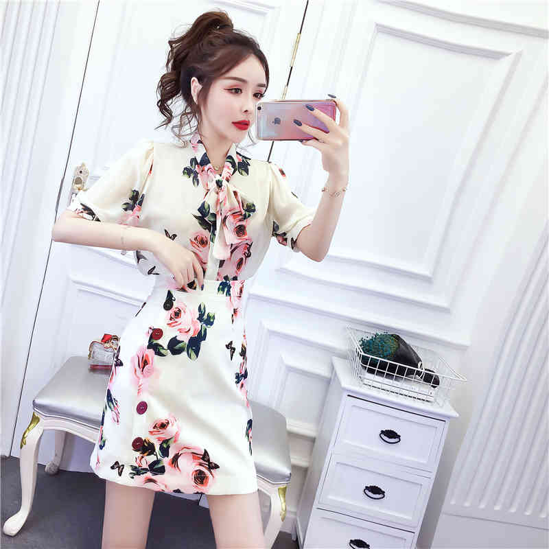 Fashion Women's Summer Two Piece Set Sweet Bowtie Flower Print Chiffon Blouse + High Waist A-Line Skirt Suit 210519