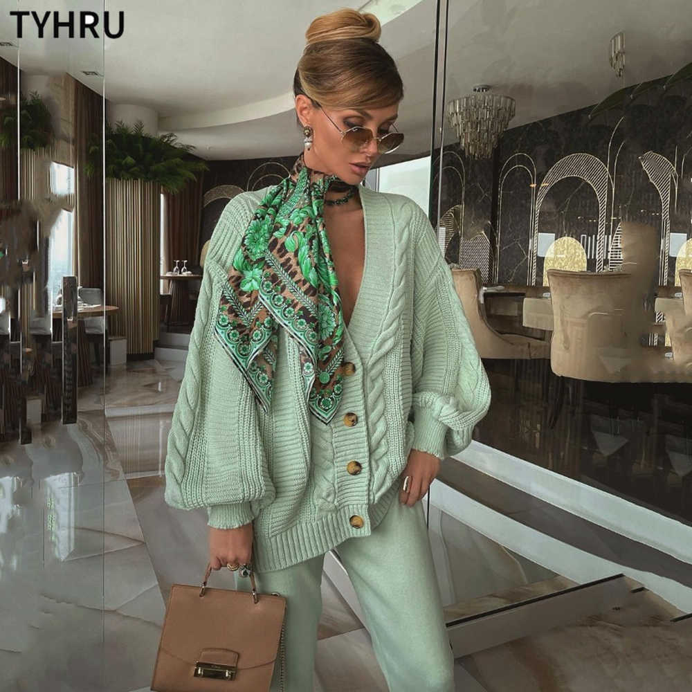 TYHRU Women Knitting 2-pieces sweater Suit Hemp Flower V-neck Single-Breasted cardigan + Pants lady winter sweater Set 211007