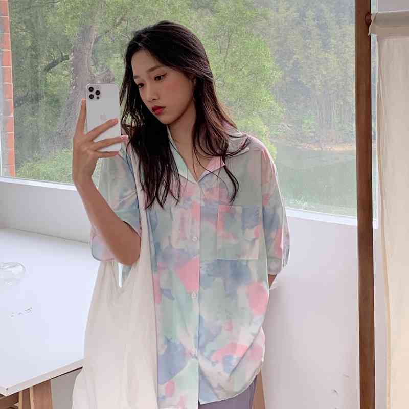 Femme High Street Printed Oversize Gentle Short Sleeves Tops Dying OL Students Casual Summer Brief Outwear Shirts 210421
