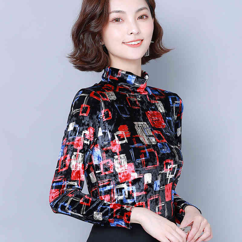 Autumn Winter Fashion Long Sleeve Turtleneck Women Blouses Print Pullover Slim Shirts Plus Size Ladies Tops 6513 50 210508