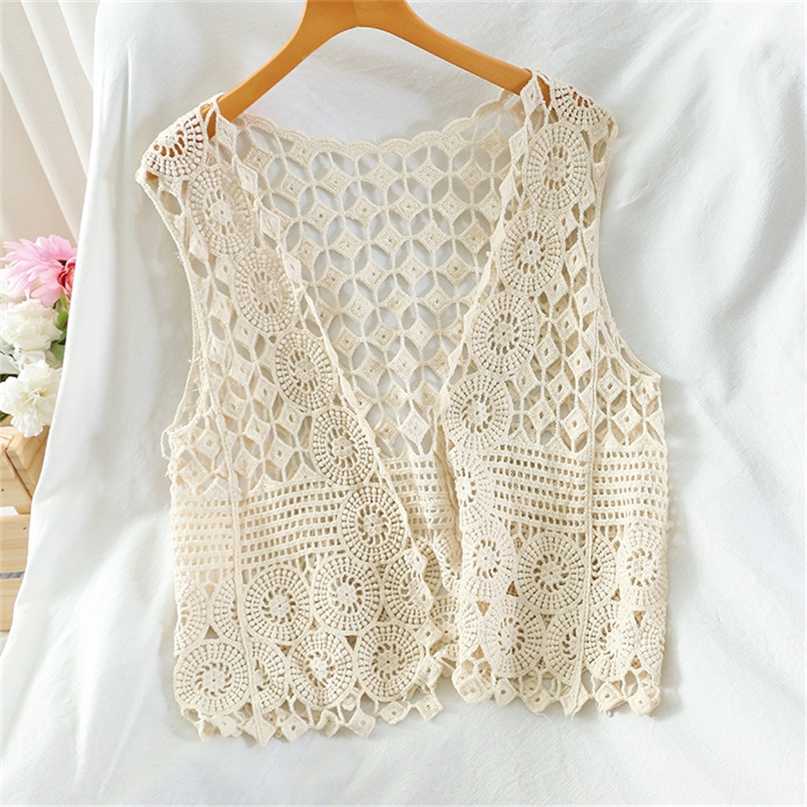 Spring Summer Sexy Hollow Out Lace Top Vest Crochet Sleeveless Waistcoat Women Open Stitch Short Outwear Chalecos Para Mujer 211120