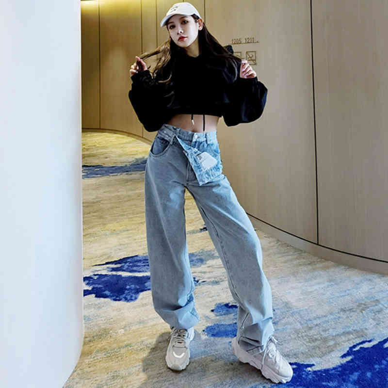 High Waist Wide Leg Blue Denim Long Asymmetrical Jeans Loose Women Trousers Fashion Spring Autumn 1DD6381 210512