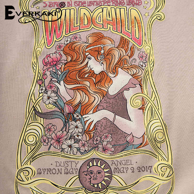 Everkaki Boho Gypsy Girl Print T-shirt Tops Retro Cotton Apricot O Neck Bohemian Top T-shirts Female Spring Summer New 210401