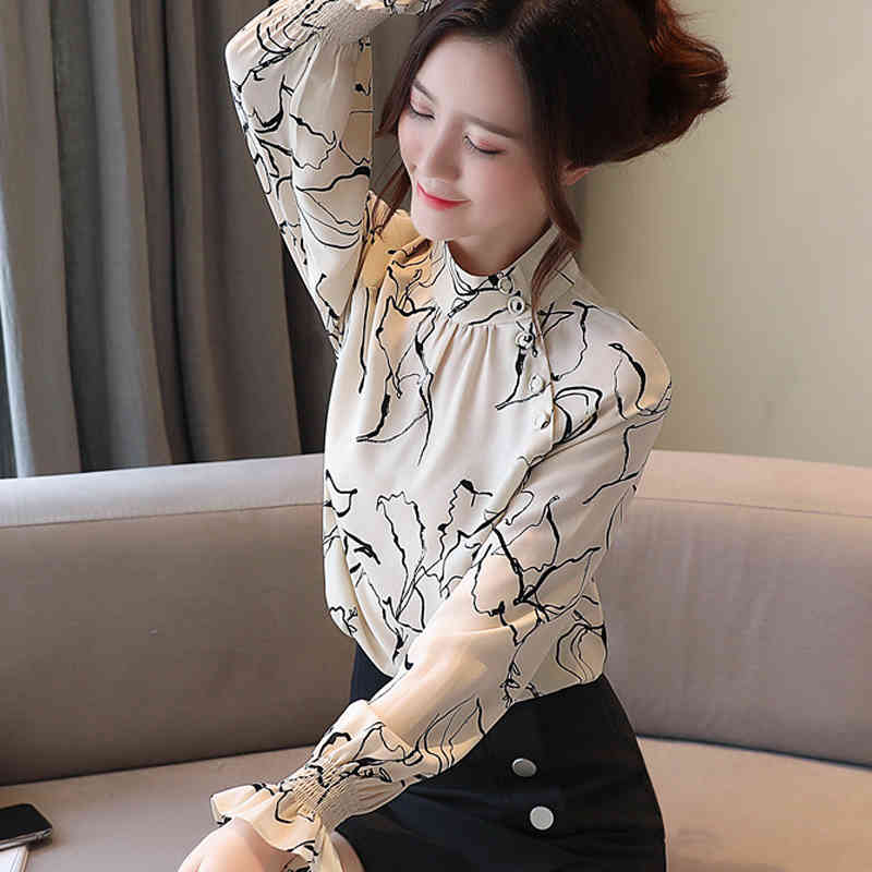 Fashion Womens And Blouses Ladies Chiffon Blouse Shirts For Women Tops Button Printing Lantern Sleeve 6323 50 210415