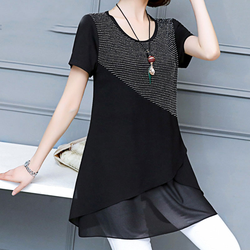 Womens tops and blouses plus size chiffon blouse shirts ladies short spliced women clothes black 3530 50 210427