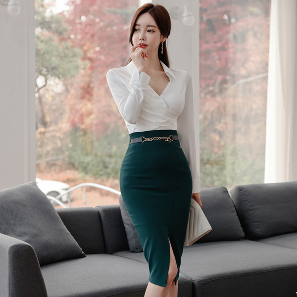 Spring Ladies Elegant Office OL 2 Pieces Set Sexy V-Neck White Blouse & High Waist Bodycon Pencil Skirt Suit 210519