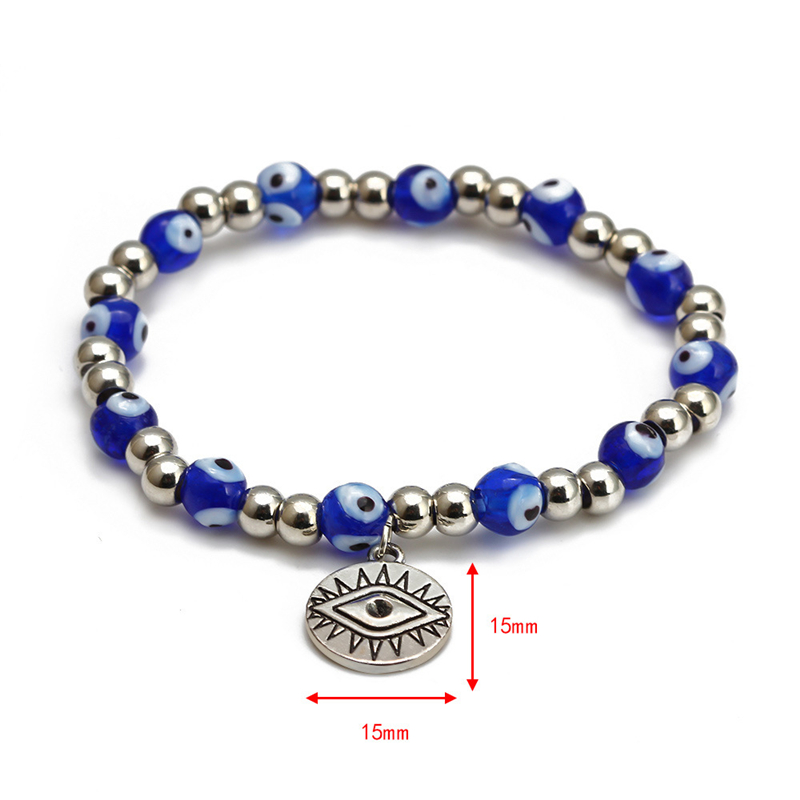 Blue Evil Eyes Beaded Strands Charm Bracelets Fashion Stretch Silver Bead Bracelet Bangles Lucky Turkish Pendant Jewelry Accessories for Women Men Gif