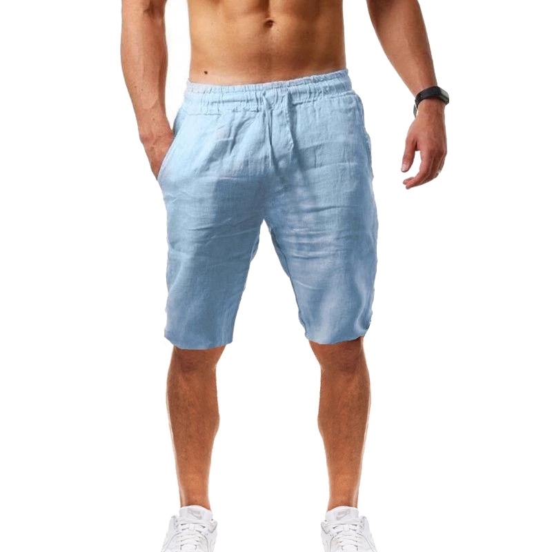 Cotton Linen Men's Shorts Summer Casual Fashion Breathable Solid Beach Shorts Thin Breathable Elastic Waist Male Sweatpants 210603