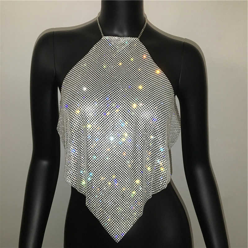 FestivalQueen Sexy Halter Diamonds Crop Top Low Cut Adjustable Metal Chain Backless Camisole Cropped Top 210623wtt