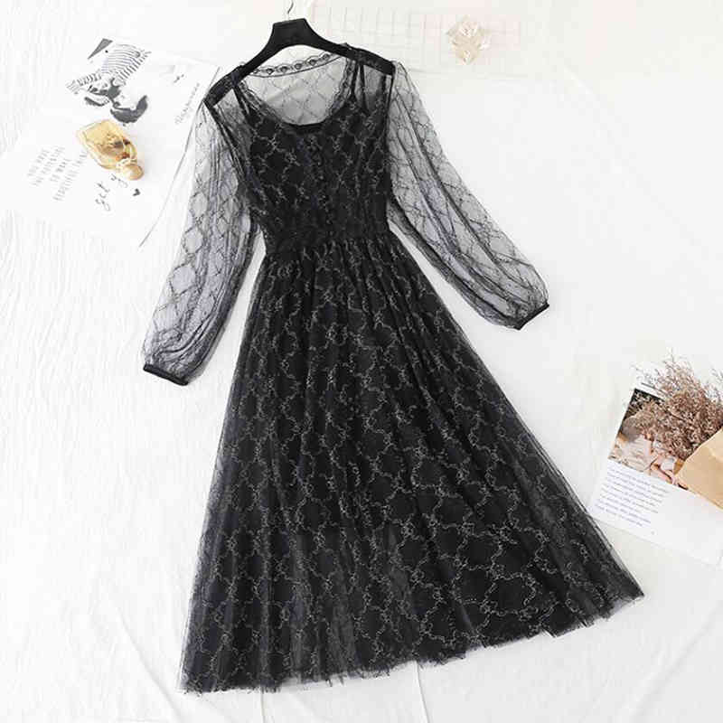 Solid Color Women Dress 2-piece Set Spring Summer Vintage Sweet Mesh Dresses Long Sleeve Party Dress Robe Femme Vestido 210521