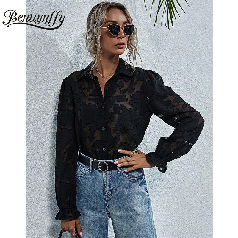 Turn-down Collar Button Up Sheer Blouse Spring Summer Women Black Sexy Shirt Long Sleeve Flower Applique Top 210510