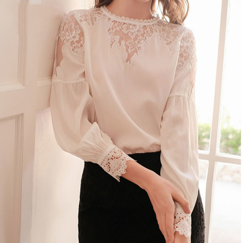 Autumn O-neck Lantern Sleeve Elegant White Silk Blouse Women Sexy Hollow Out Lace Long Blusas Mujer 10226 210427