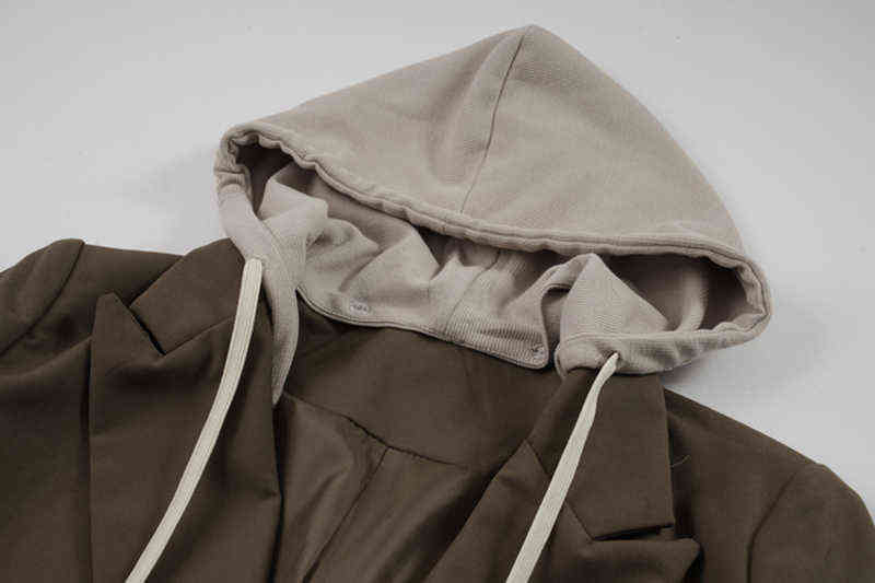 [EAM] Women Khaki Double Breasted Big Size Blazer Hooded Long Sleeve Loose Fit Jacket Fashion Spring Autumn 1DE3311 211122