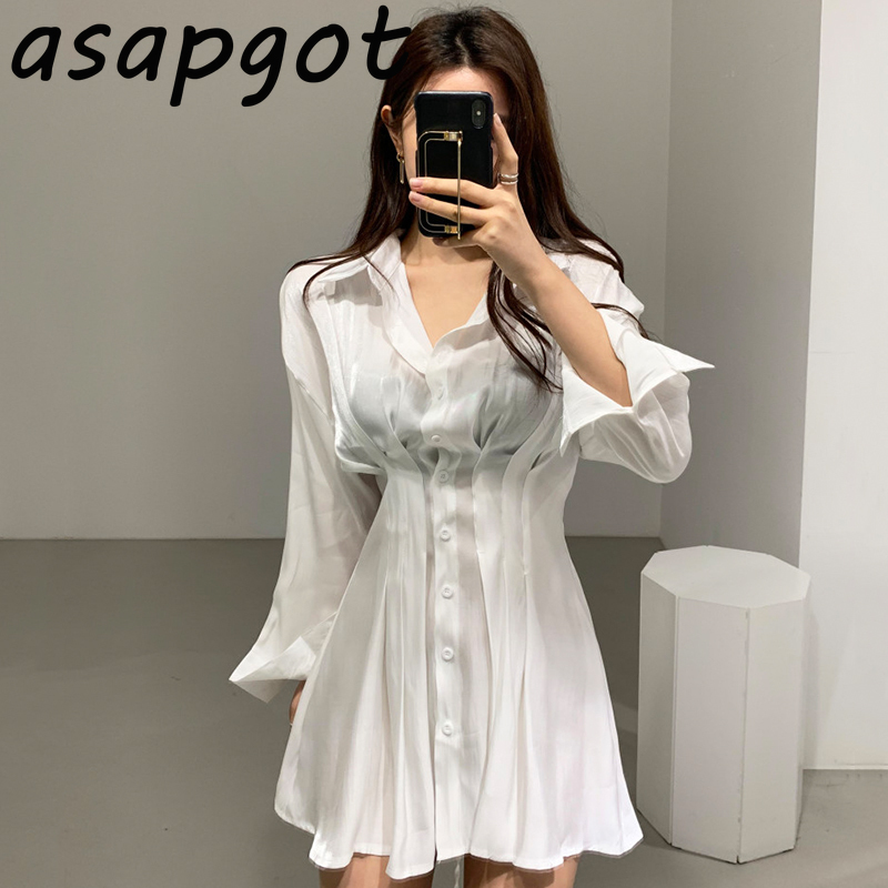 Korean Chic Elegant Slim Luster Waist Pleated Back Lace Up Shirt Dress Women Mini Lapel Single Breasted Solid Vestido Feminino 210429
