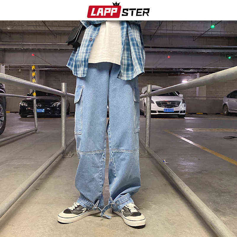LAPPSTER Men Patchwork Harajuku Y2k Baggy Jeans Japanese Streetwear Hip Hop Wide Leg Denim Trousers Plus Size Harem Pants 211120