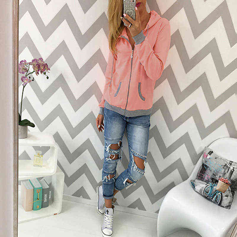 Women's Spring Winter Hoodies Long Sleeve Patchwork Colors Sweatshirts Casual Pockets Zipper Hooded Ladies Outerwear Clothing 211108