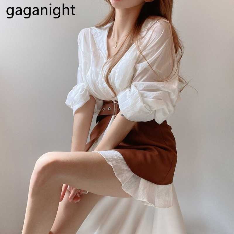 Loose White Shirts for Women Turn-down Collar Solid Female Tops Corset Waist Long Sleeve Elegant Spring Blouses 210601