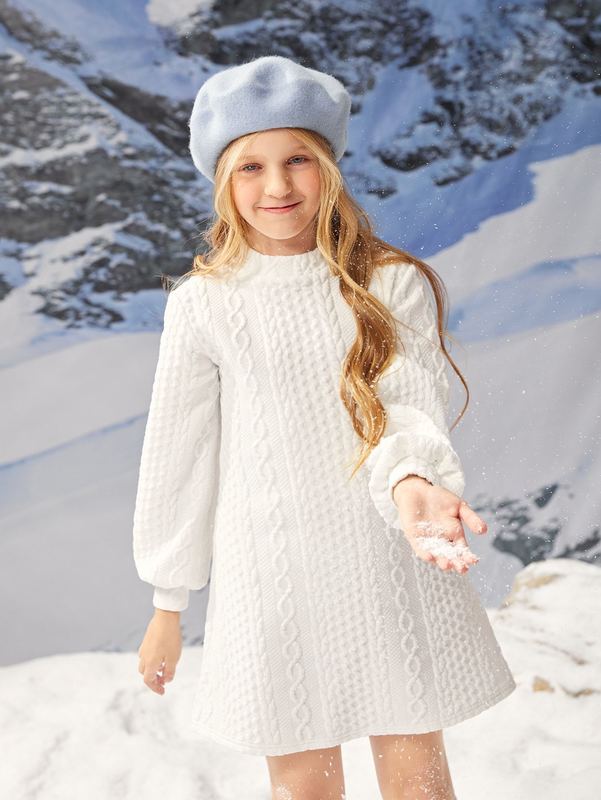 Girls Cable Knit Mock Neck Lantern Sleeve Dress Without Belt SHE
