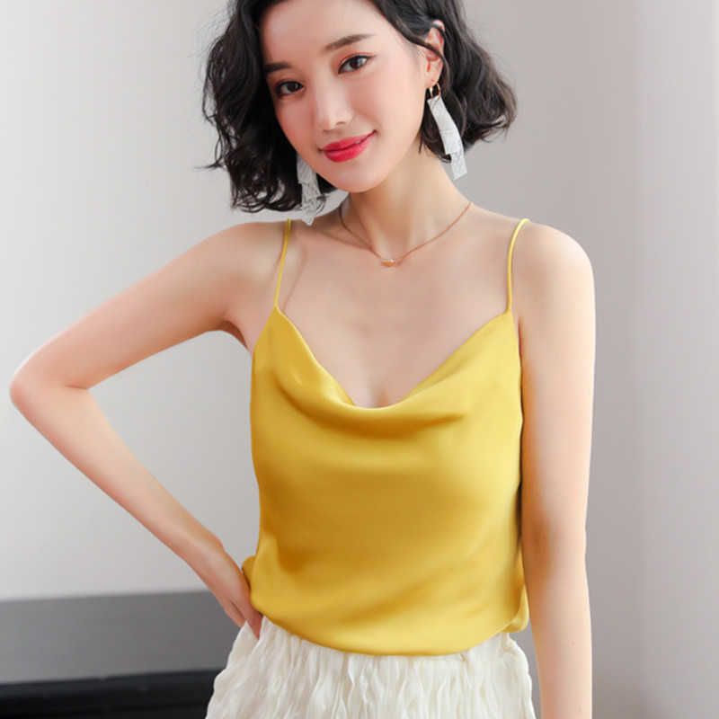 Korean Fashion Silk Women Tops Tees Woman Satin Tank V Neck Solid s Camis White Crop Elegant OL 210531