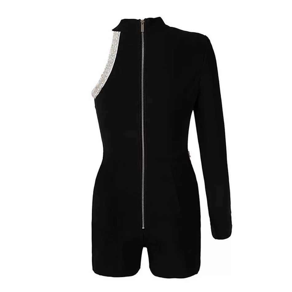 Free Summer Fashion Sexy One Shoulder Long Sleeve Beaded Celebrity Party Bandage Jumpsuit 210525