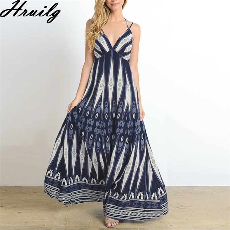 Sale Summer Dress Backless Lace Up Big Swing Bohemian Party es for Women Print Elegant Clubwear A Line Sexy 210515