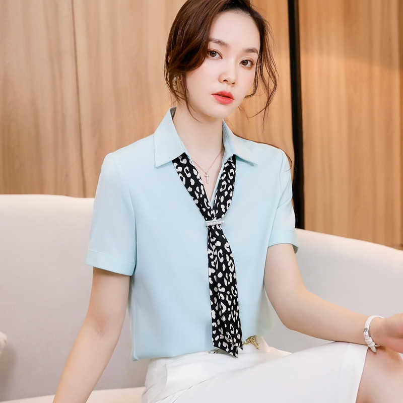 Naviu Fashion Scraf Women Blouses Short Sleeve Chiffon Shirt For Office Lady Style Formal Summer Wear 210604