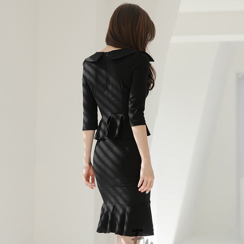 Summer Korean Formal Work Pencil Dress Women Black Bodycon Office Half Sleeve Mermaid Slim Sheath Turn down Collar 210506