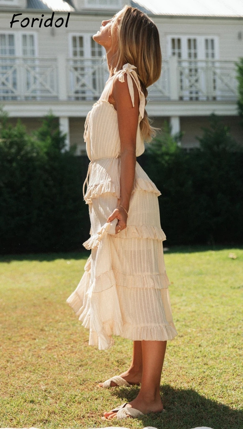 Lace Up Front Striped Summer Dress Boho Beach Women Clothing Casual Maxi Long Sundress Ruffle Spring Korean Harajuku Dress 210415