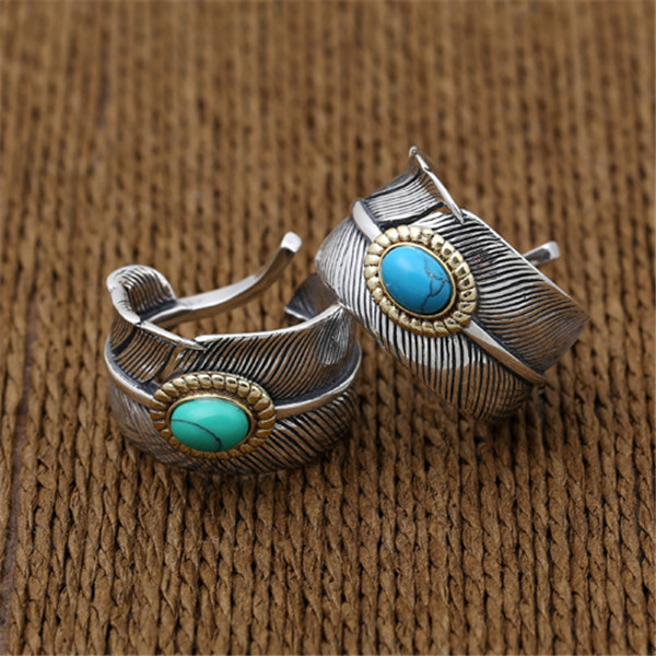925 sterling adjustable Solitaire rings feather with turquoise stones American Europe antique handmade designer punk gothic Luxury jewelry accessories