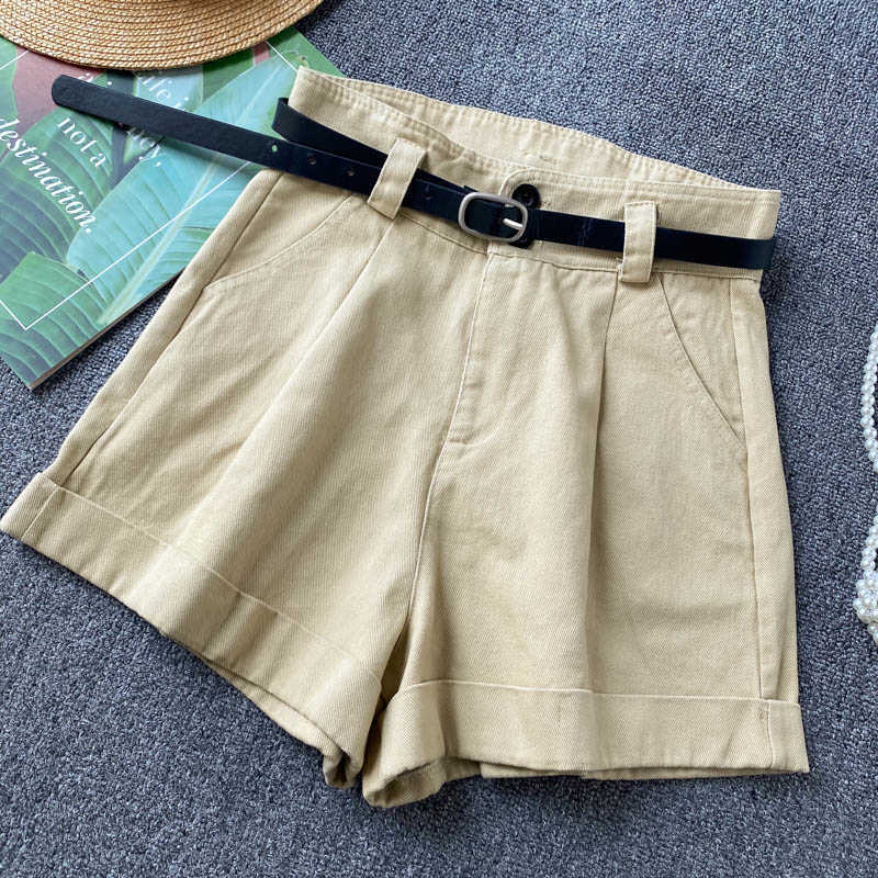 Woman Shorts Summer Belt High Waisted Bottoms Causal Solid Wide Leg Short Feminimos Pantalones De Mujer 6H532 210603