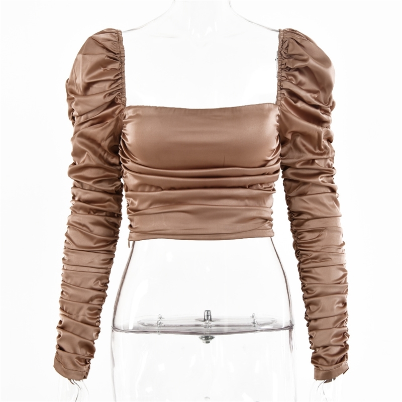 spring and summer open back T-shirt women's sexy pleated long sleeve high elastic satin top women's wear 210602