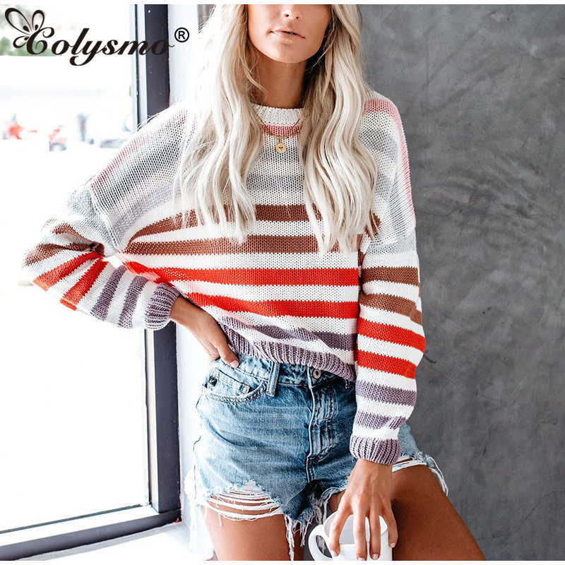 Colysmo Autumn Sweater Women O-neck Long Sleeve Sweters Invierno Rainbow Stripes Knitted Jumper Casual Winter Clothes 210527