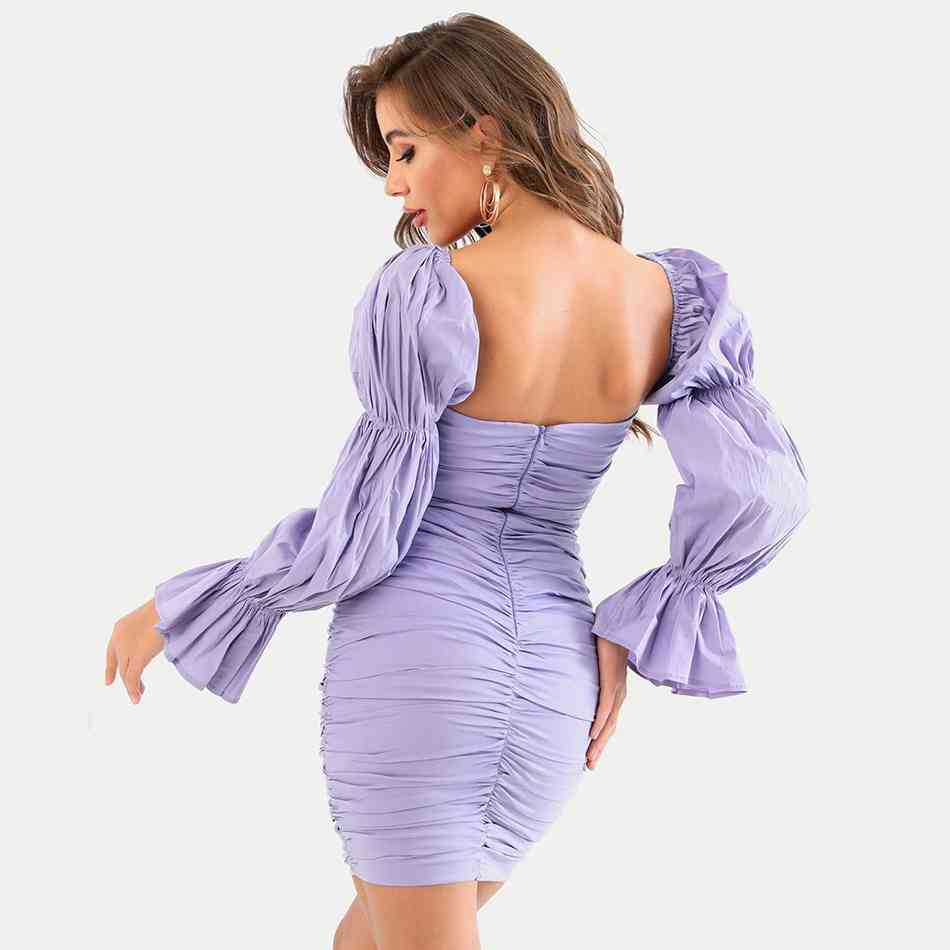 Free Women's Purple Draped Dress Sexy Square Neck Puff Sleeve Single Breasted Bodycon Club Party Mini 210524